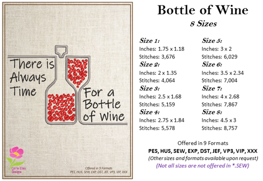 Always Time for a Bottle of Wine Machine Embroidery Design | Wine Quote & Saying | Red Wine Bottle Embroidery | 8 Sizes (0636)
