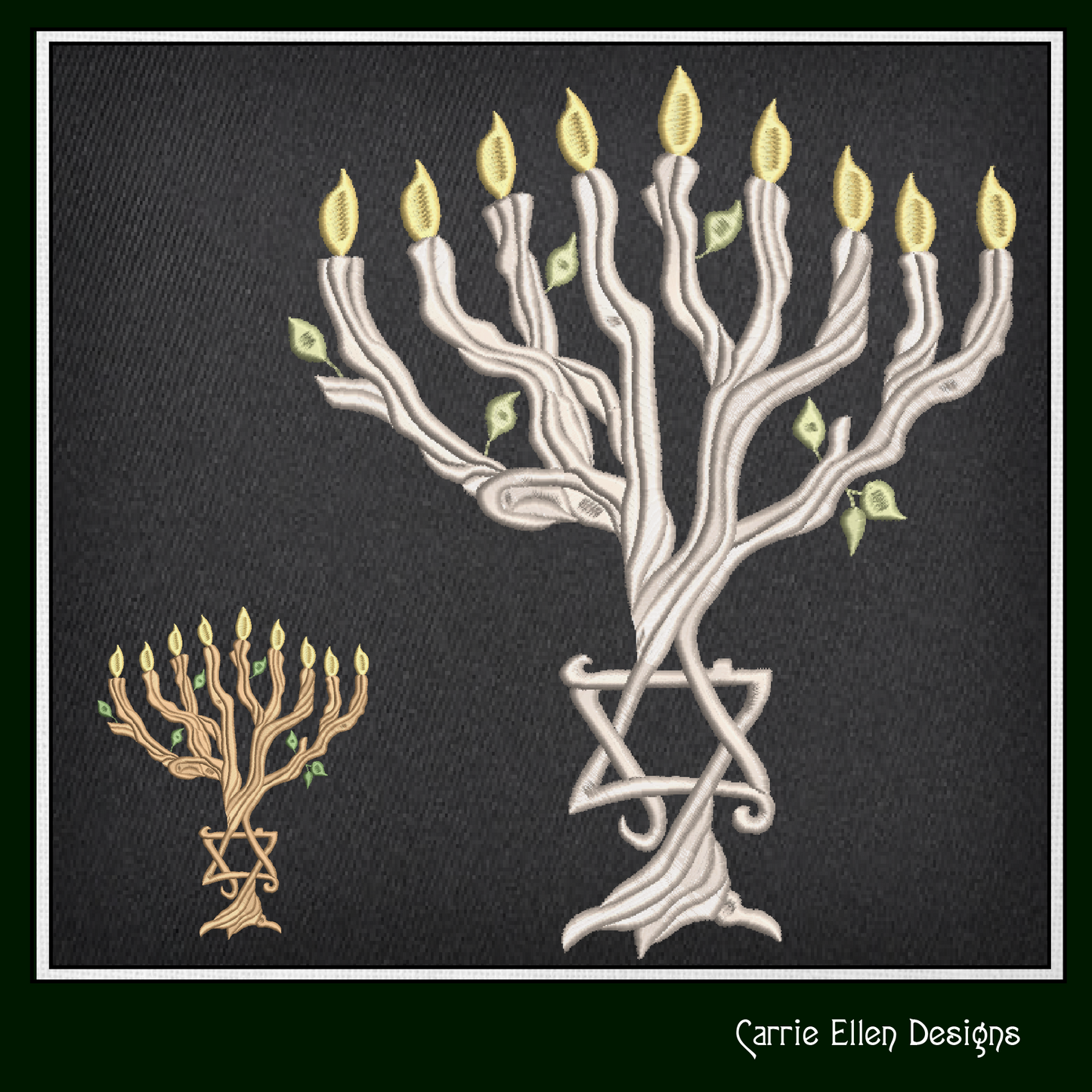 Twisted Wooden Branch Chanukah Menorah Machine Embroidery Design – Menorah Candles, Star of David, Jewish Holiday Embroidery, 8 Sizes (1056)