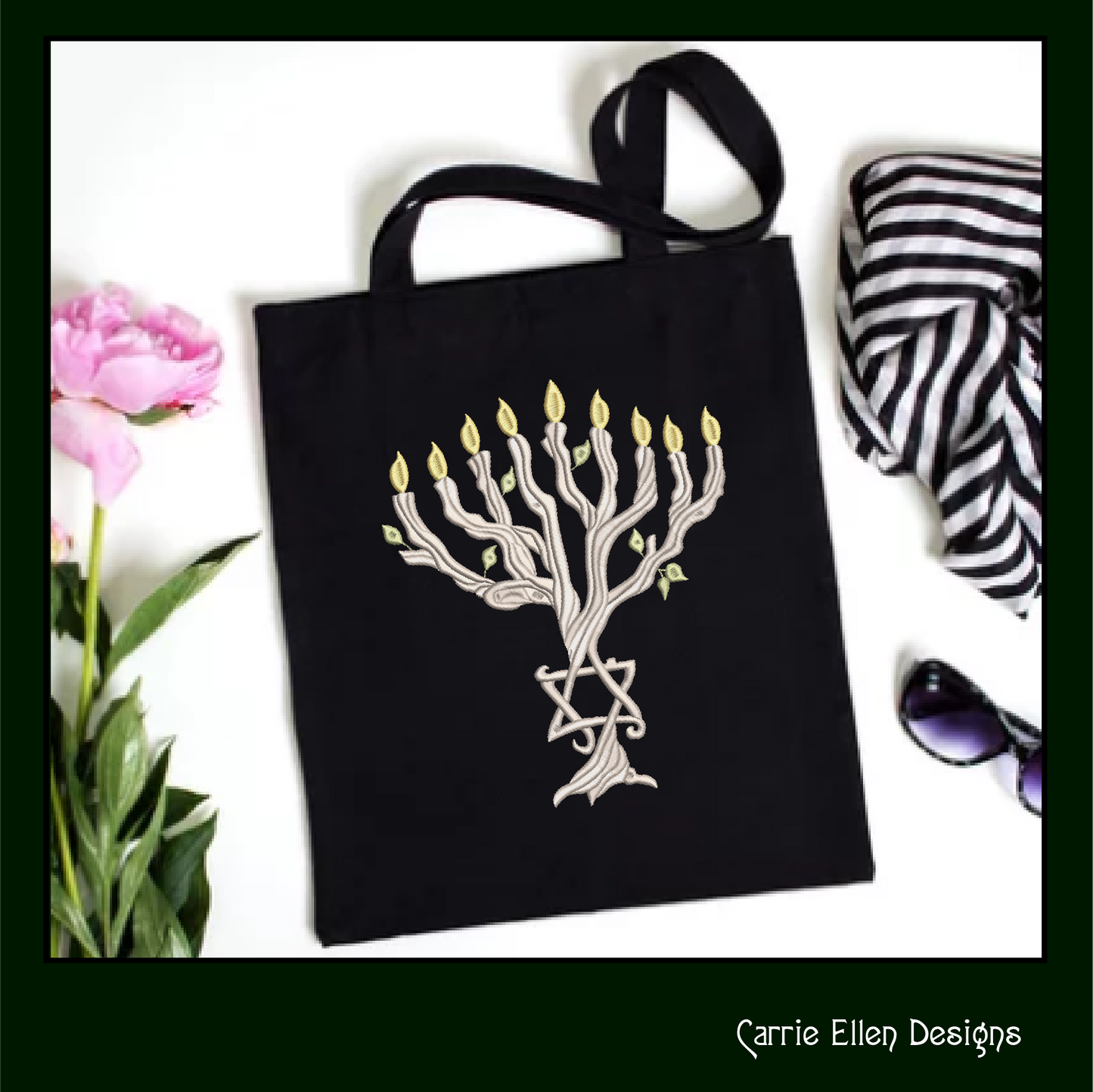 Twisted Wooden Branch Chanukah Menorah Machine Embroidery Design – Menorah Candles, Star of David, Jewish Holiday Embroidery, 8 Sizes (1056)