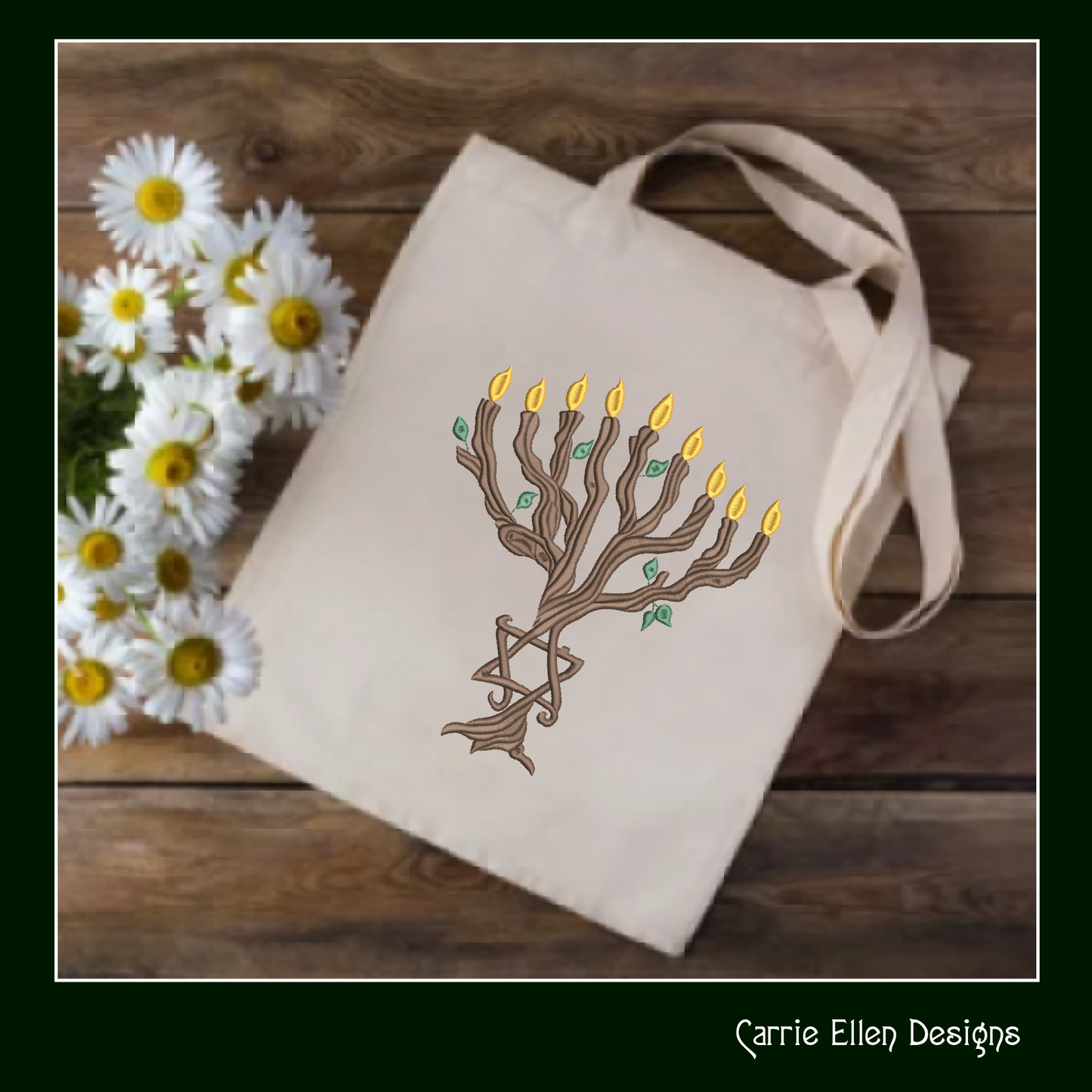 Twisted Wooden Branch Chanukah Menorah Machine Embroidery Design – Menorah Candles, Star of David, Jewish Holiday Embroidery, 8 Sizes (1056)