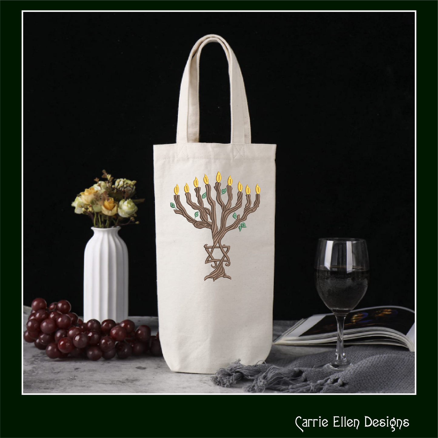 Twisted Wooden Branch Chanukah Menorah Machine Embroidery Design – Menorah Candles, Star of David, Jewish Holiday Embroidery, 8 Sizes (1056)