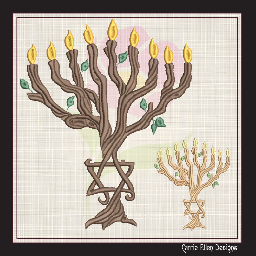 Twisted Wooden Branch Chanukah Menorah Machine Embroidery Design – Menorah Candles, Star of David, Jewish Holiday Embroidery, 8 Sizes (1056)