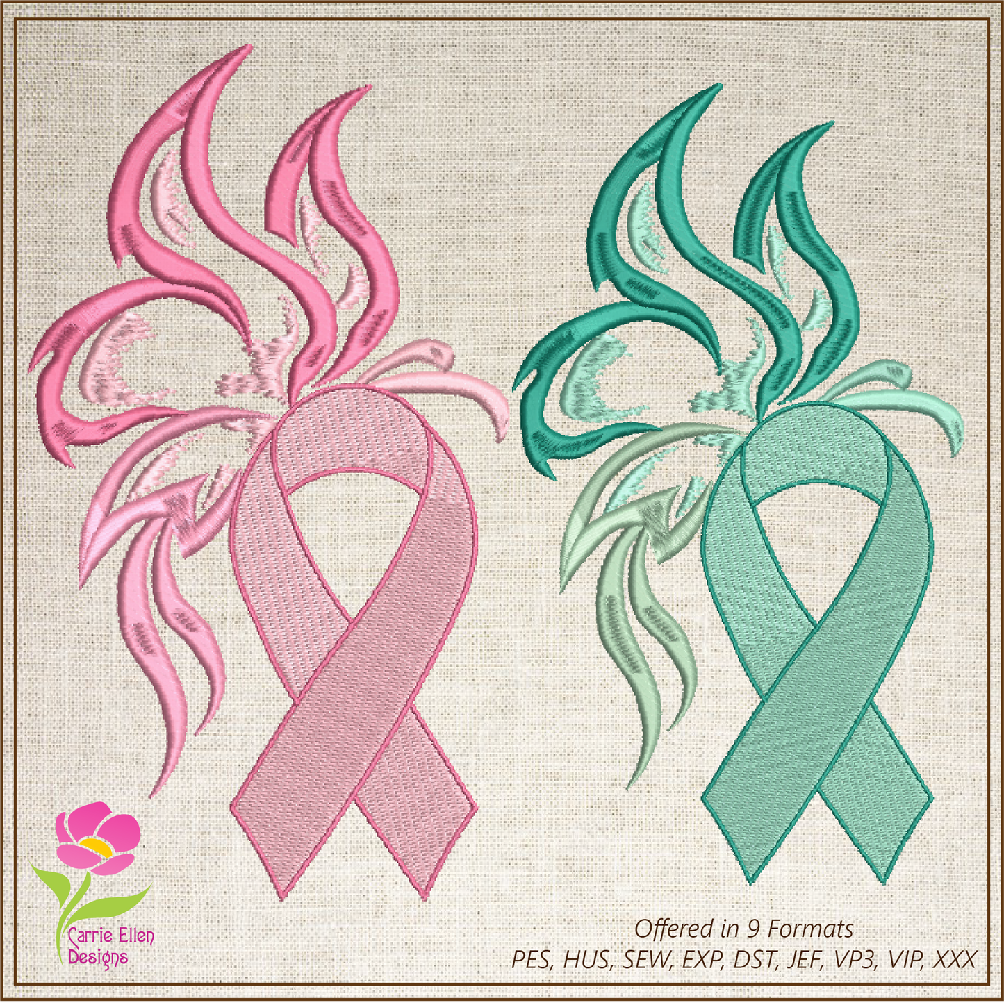 Breast Cancer Awareness Machine Embroidery, Teal Ovarian Cancer Ribbon Butterfly Embroidery, Pink Ribbon Butterfly Design, 8 Sizes (0363)