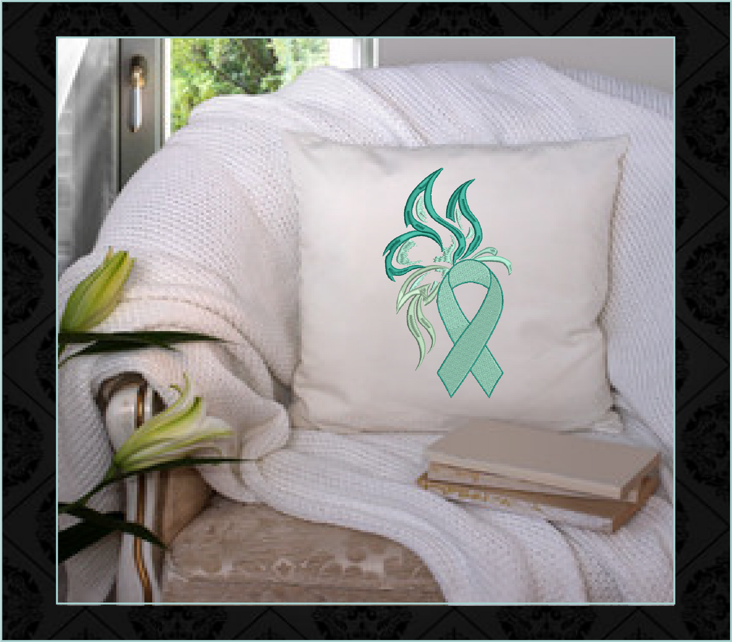 Breast Cancer Awareness Machine Embroidery, Teal Ovarian Cancer Ribbon Butterfly Embroidery, Pink Ribbon Butterfly Design, 8 Sizes (0363)
