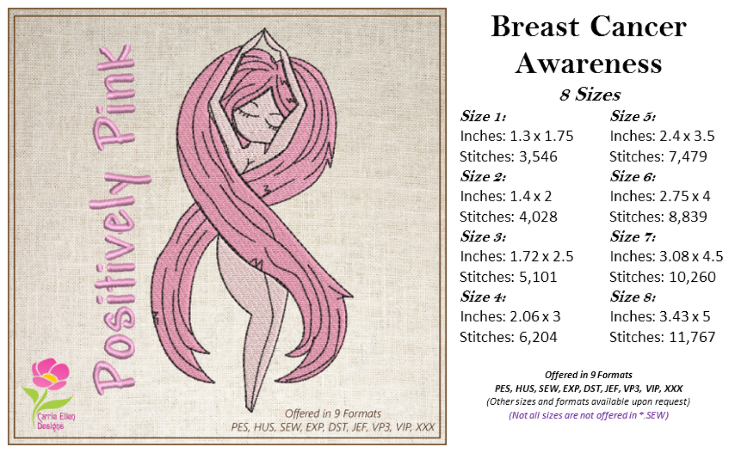 Breast Cancer Awareness Embroidery, Positively Pink Design, Pink Ribbon Embroidery, Cancer Ribbon Embroidery, 8 Sizes (0364)