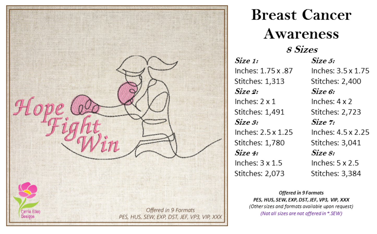 Breast Cancer Awareness Machine Embroidery Design, Think Pink Ribbon Embroidery, Fight Hope Win Cancer Embroidery, 8 Sizes (0103)