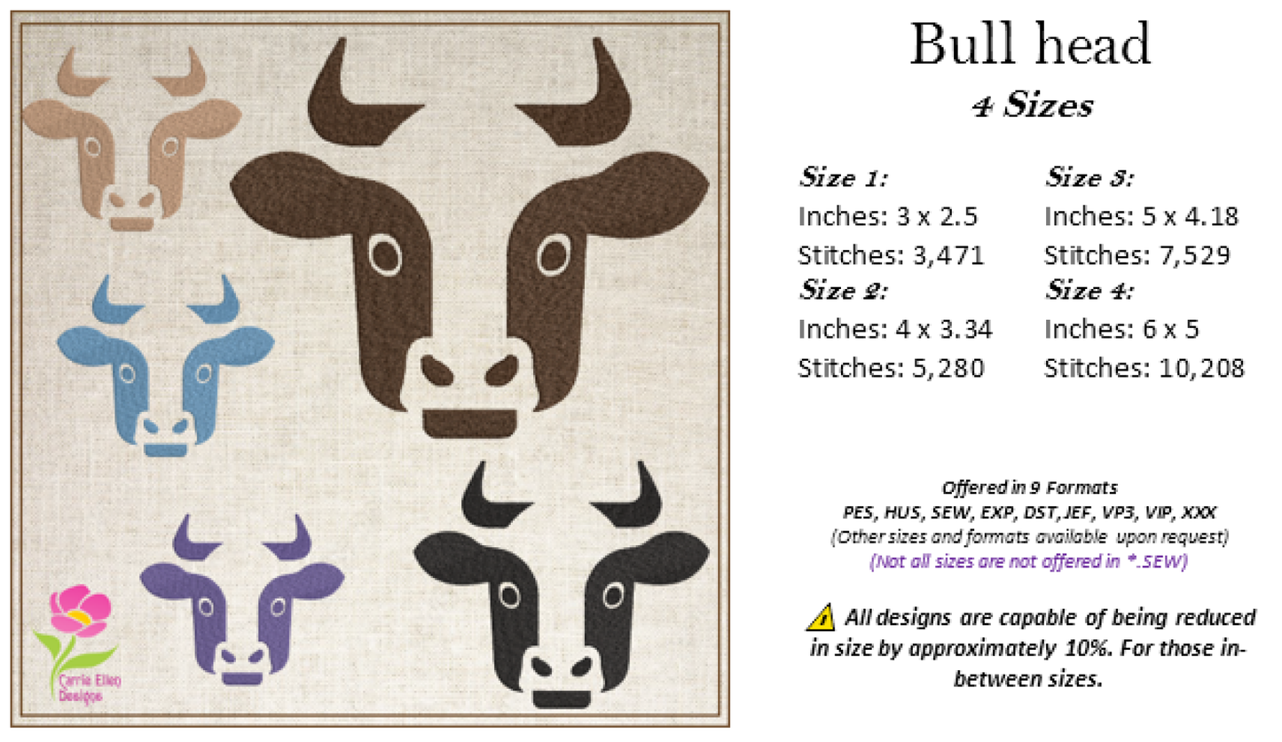 Bull Head Machine Embroidery Design – Bull Profile Silhouette Pattern, Farm Animal Machine Embroidery, Western Ranch Décor, 4 Sizes (0454)