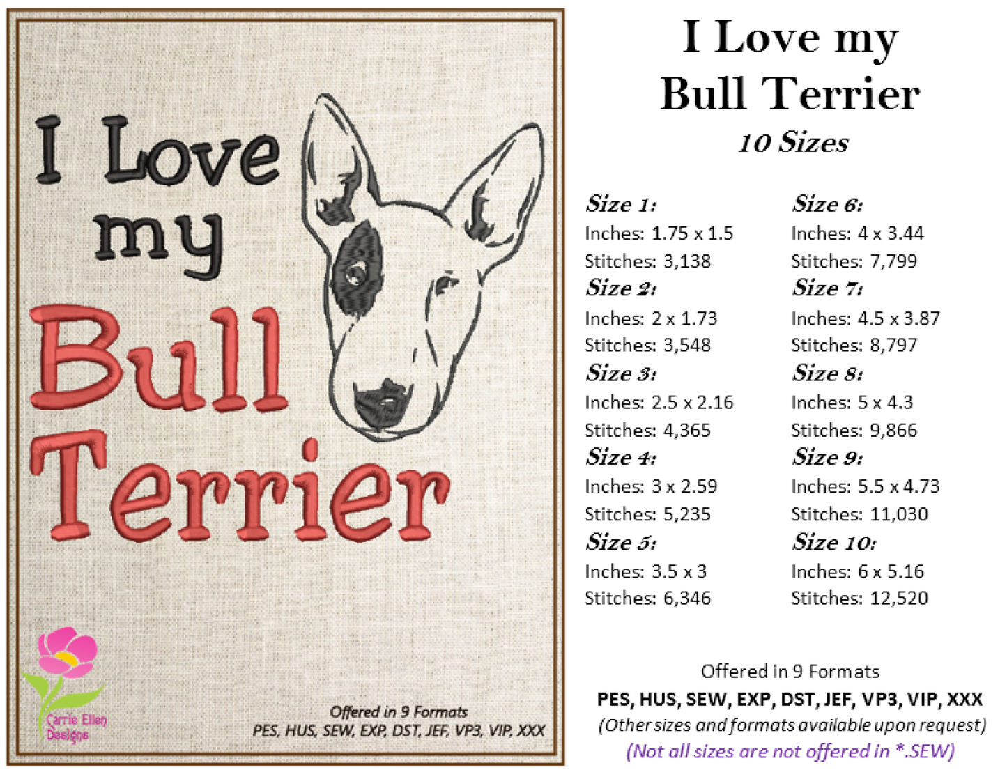 Bull Terrier Machine Embroidery Design – I Love My Bull Terrier, Pit Bull Terrier Dog Embroidery Pattern – Pet Lover Design, 10 Sizes (0291)