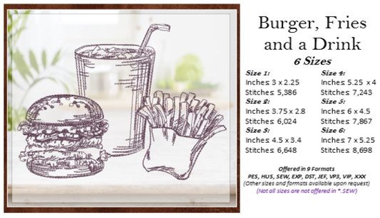 Burger and Fries Sketch Machine Embroidery Design | Fast Food Meal Embroidery | 6 Sizes (0710)