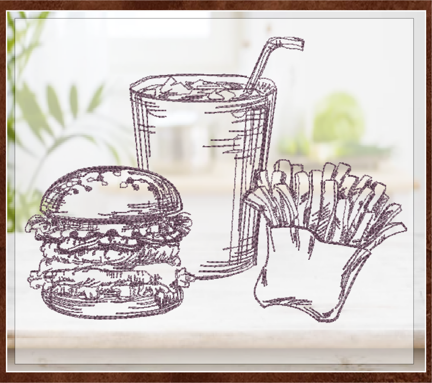 Burger and Fries Sketch Machine Embroidery Design | Fast Food Meal Embroidery | 6 Sizes (0710)