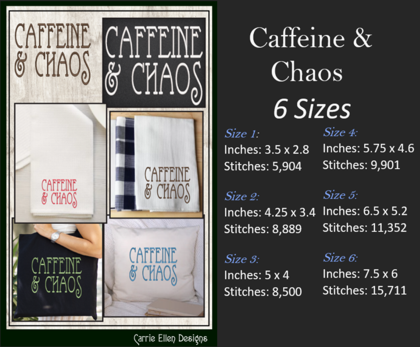 Caffeine and Chaos Machine Embroidery Saying, Funny Sayings and Quotes, Fun Coffee Saying Design, 6 Sizes (2235)