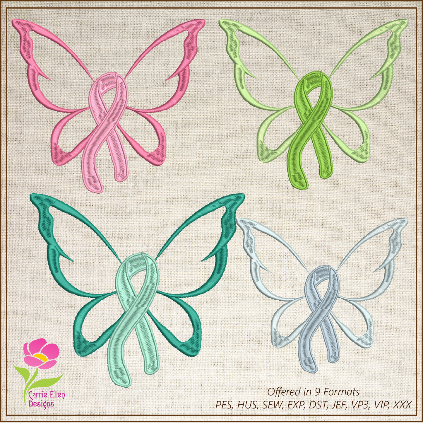 Cancer Awareness Machine Embroidery Design, Breast Cancer Embroidery, Cancer Butterfly Embroidery, Cancer Ribbon Embroidery, 8 Sizes (0365)