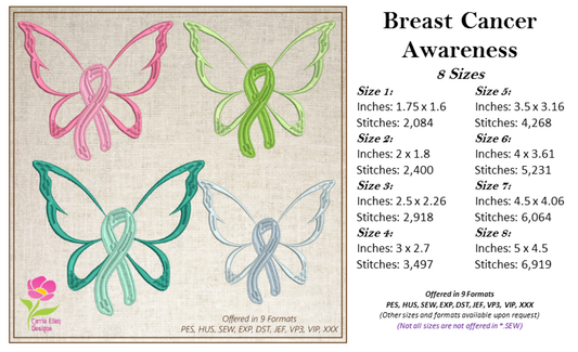 Cancer Awareness Machine Embroidery Design, Breast Cancer Embroidery, Cancer Butterfly Embroidery, Cancer Ribbon Embroidery, 8 Sizes (0365)