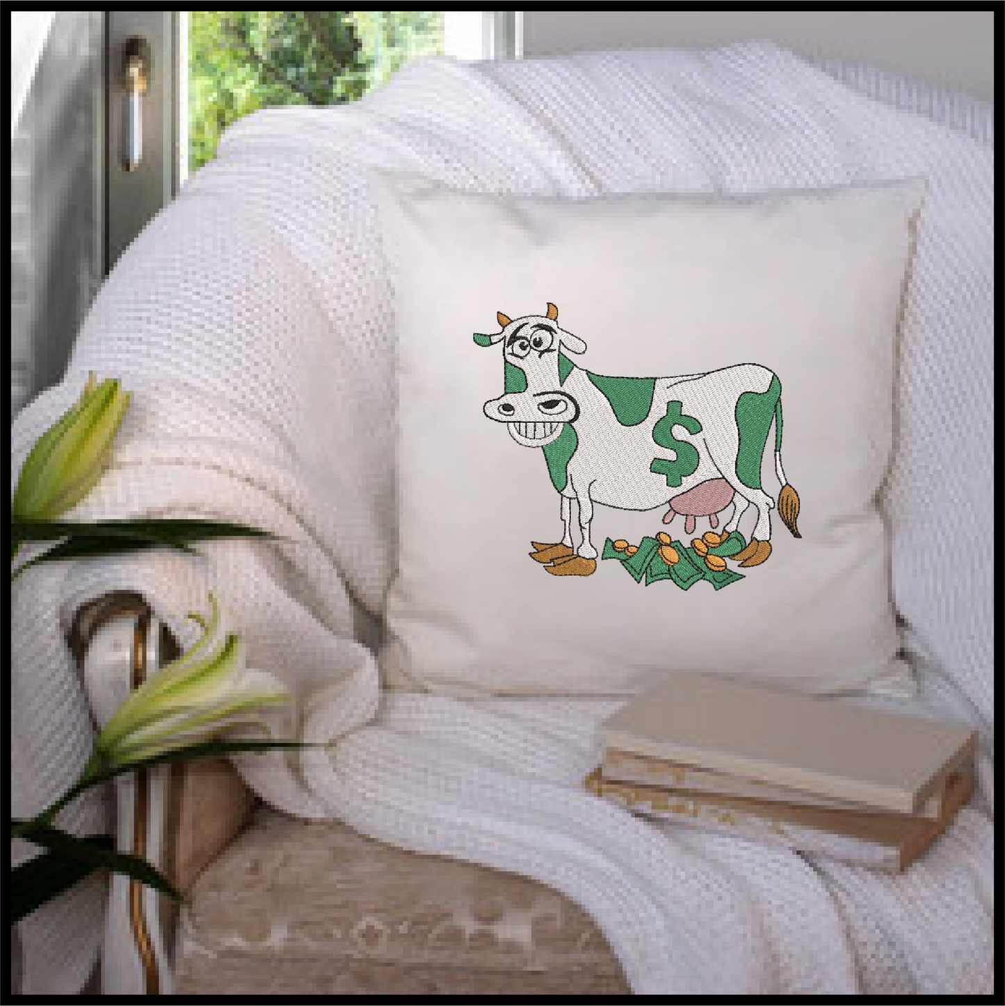 Cash Cow Idiom Machine Embroidery Design – Funny Money Quote, Finance Saying Pattern, 6 Sizes (0587)