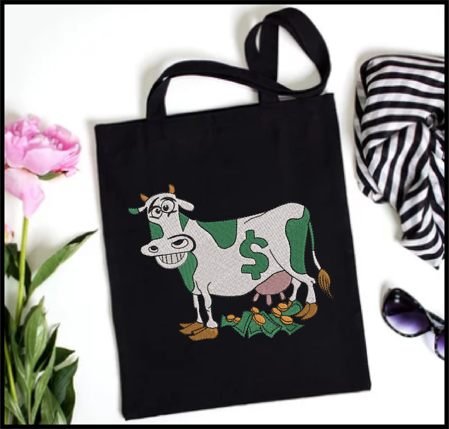 Cash Cow Idiom Machine Embroidery Design – Funny Money Quote, Finance Saying Pattern, 6 Sizes (0587)