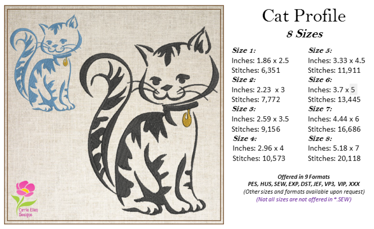 Cat Cartoon Profile Machine Embroidery Design, Cat Lover Embroidery Designs, Pet Embroidery Design, 8 Sizes (0341)