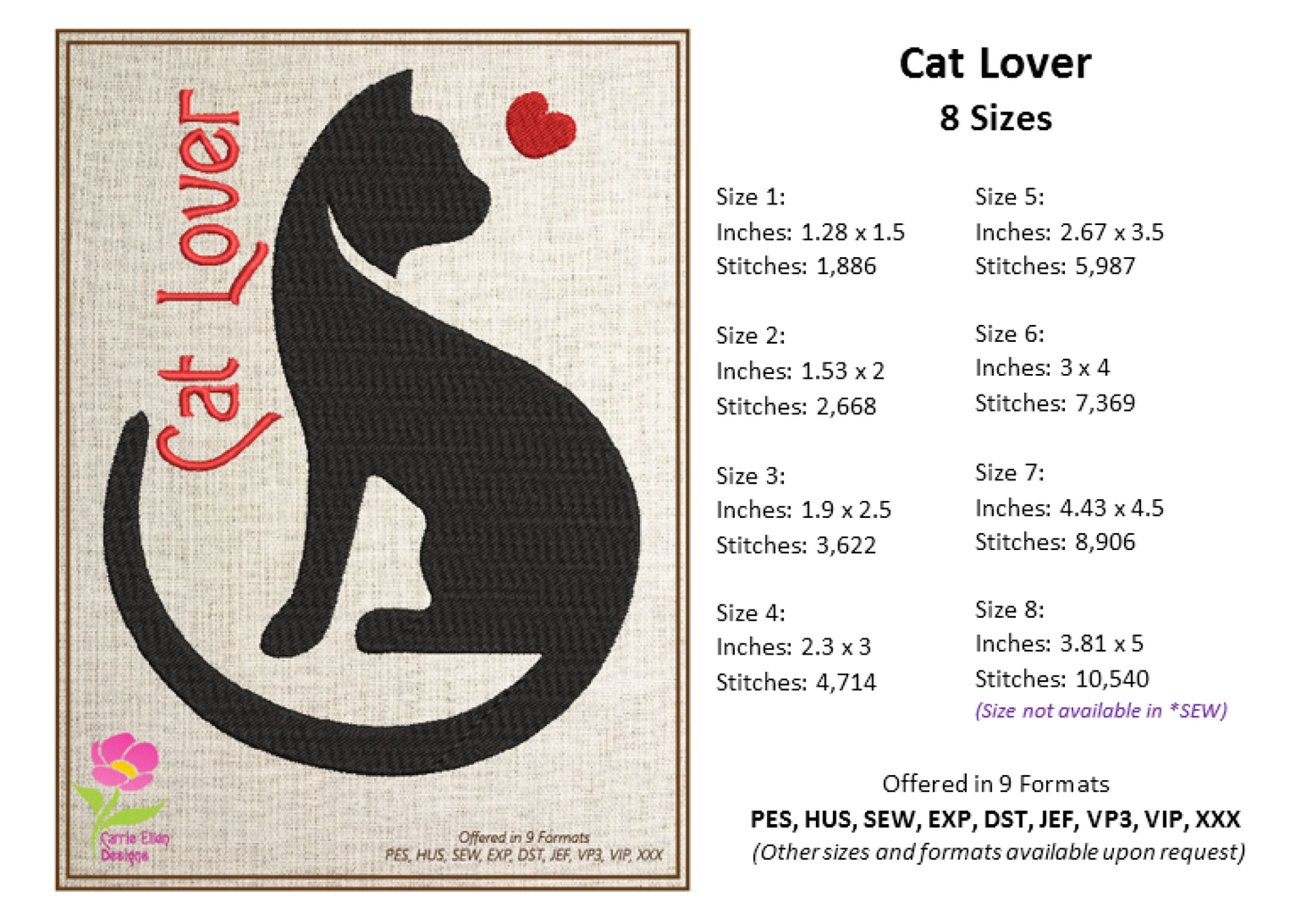 Cat Lover Machine Embroidery Design – Pet Cat Silhouette Embroidery Pattern, 8 Sizes (0483)