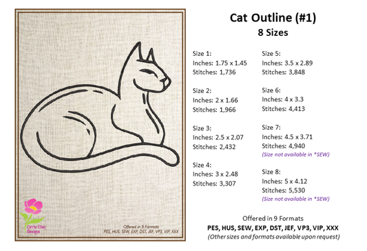 Cat Machine Embroidery Design Bundle – 5 Cat Outline Designs, Kitty Animal Embroidery Pattern, 8 Sizes Each, (0484)