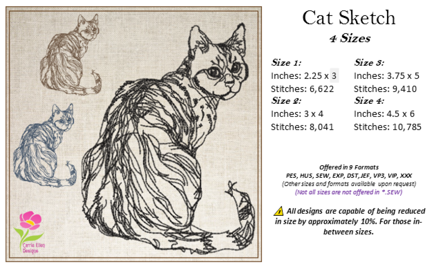 Cat Sketch Machine Embroidery Design | Cat Lover Embroidery Pattern | Domestic Shorthair Cat Outline | Pet Embroidery Design, 4 Sizes (0498)