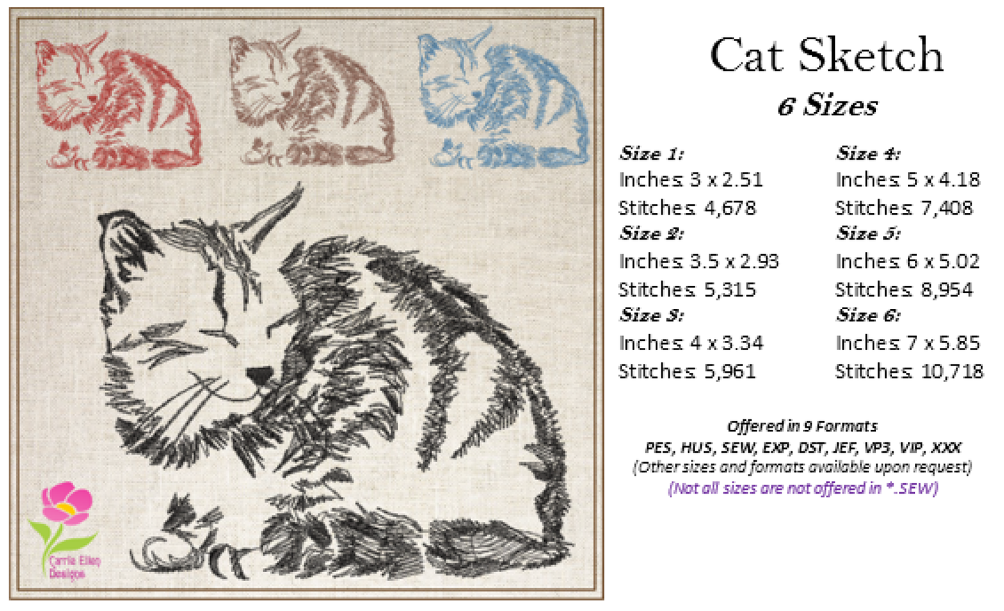 Cat Sketch Machine Embroidery Design | Kitten Line Art Embroidery Design | Pet Kitten Embroidery (0686)