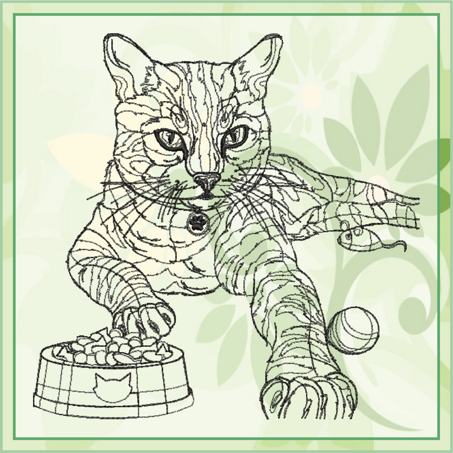 Cat Sketch Machine Embroidery Design | Cat with Food Bowl and Toys | Pet Lover Embroidery | 6 Sizes (0695)