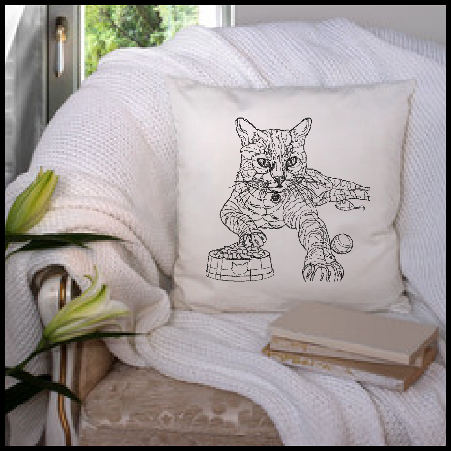 Cat Sketch Machine Embroidery Design | Cat with Food Bowl and Toys | Pet Lover Embroidery | 6 Sizes (0695)