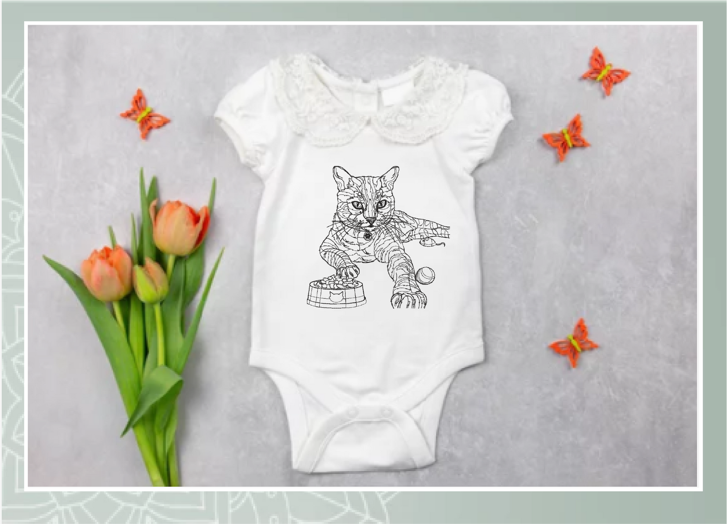 Cat Sketch Machine Embroidery Design | Cat with Food Bowl and Toys | Pet Lover Embroidery | 6 Sizes (0695)