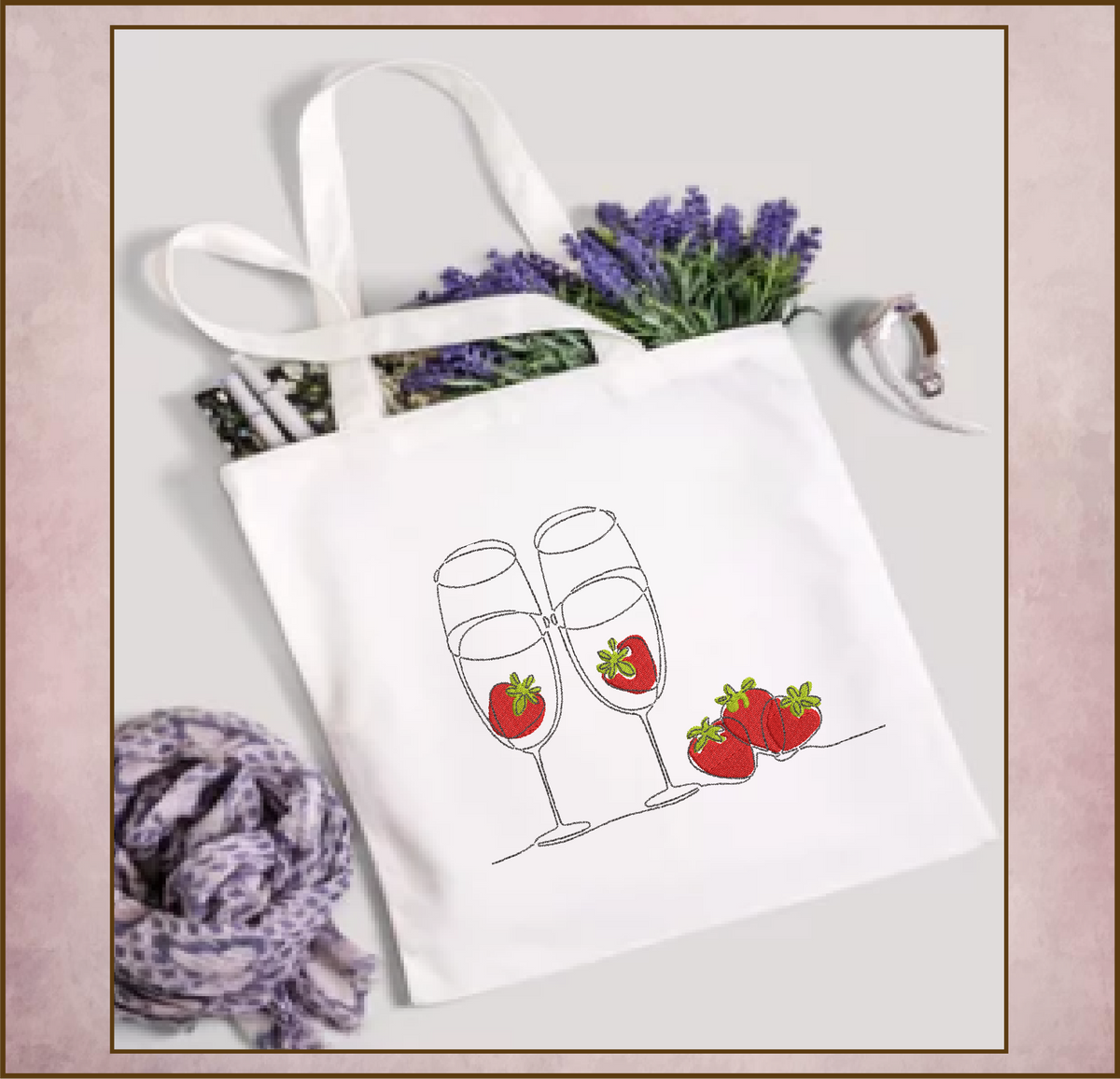 Champagne Flutes & Strawberries Continuous Line Art Machine Embroidery Design, 8 Sizes (0533)