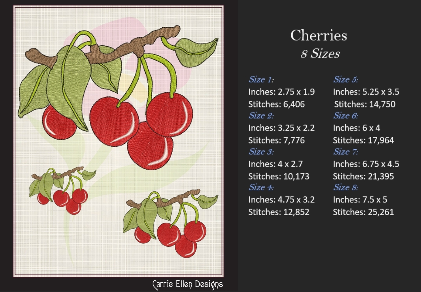 Cherries on the Branch Machine Embroidery Design | Summer Fruit Artistic Drawing | Fruit and Vegetables Design | 8 Sizes (0950)