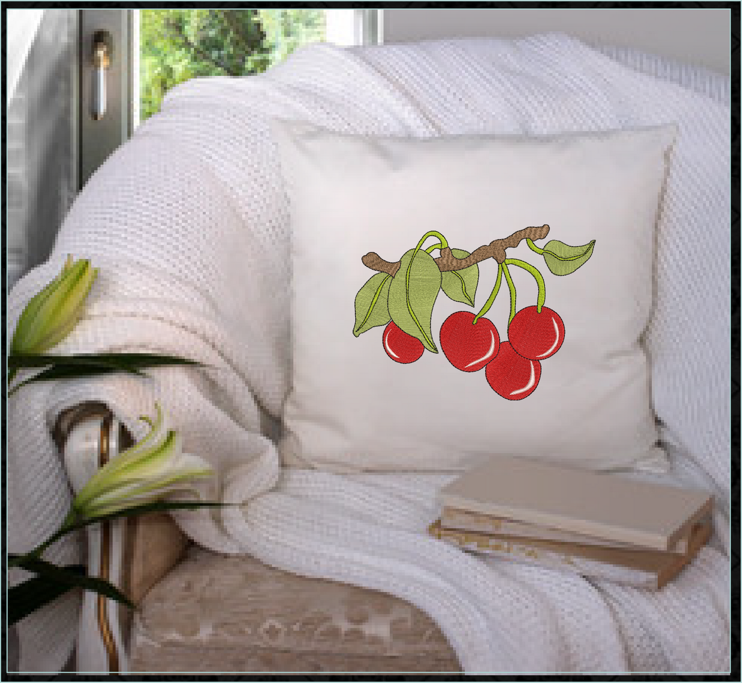 Cherries on the Branch Machine Embroidery Design | Summer Fruit Artistic Drawing | Fruit and Vegetables Design | 8 Sizes (0950)