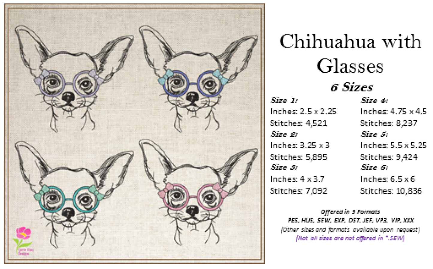 Chihuahua with Glasses Machine Embroidery Design | Cute Puppy Dog Sketch | Chihuahua Animal Line Art Pattern | 6 Sizes (0805)