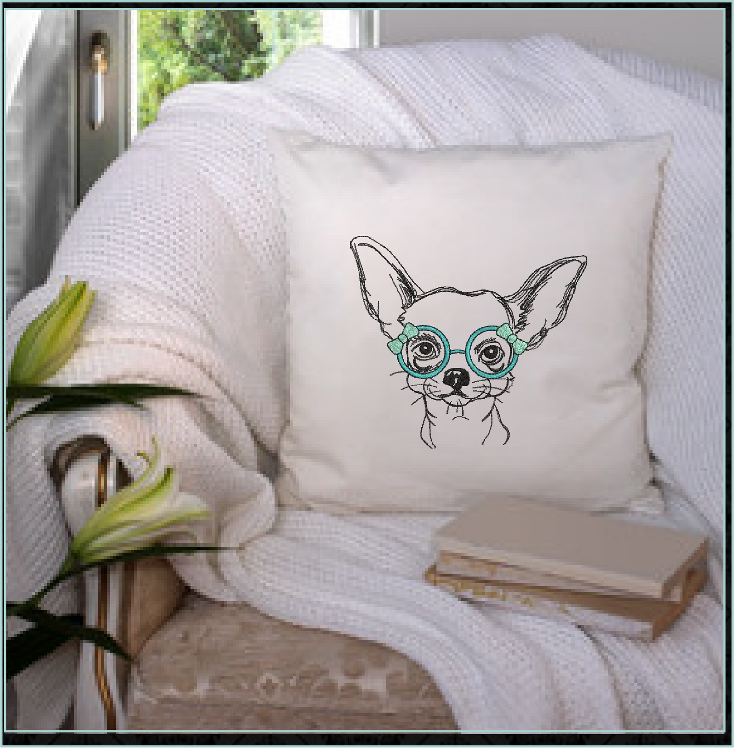 Chihuahua with Glasses Machine Embroidery Design | Cute Puppy Dog Sketch | Chihuahua Animal Line Art Pattern | 6 Sizes (0805)