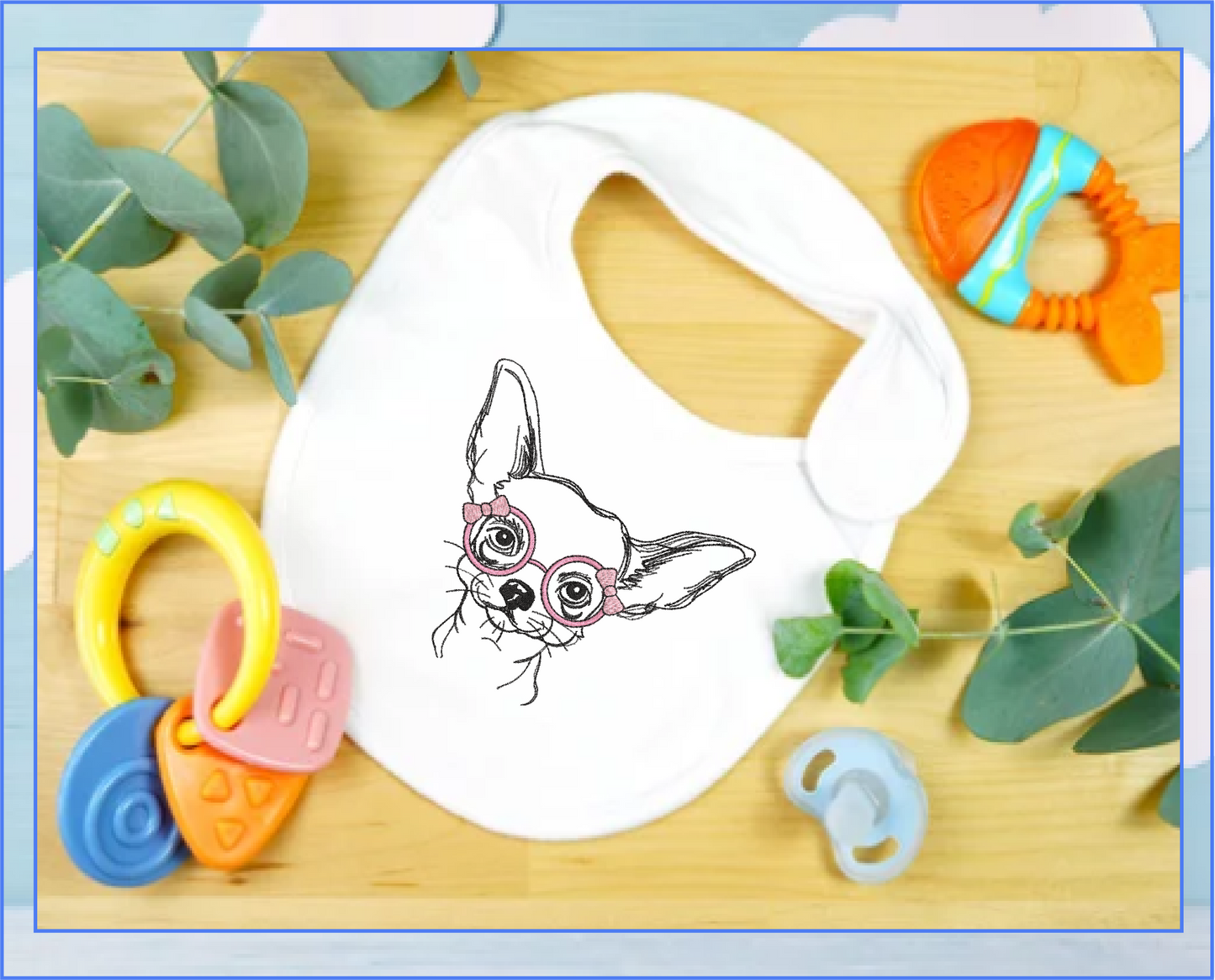 Chihuahua with Glasses Machine Embroidery Design | Cute Puppy Dog Sketch | Chihuahua Animal Line Art Pattern | 6 Sizes (0805)