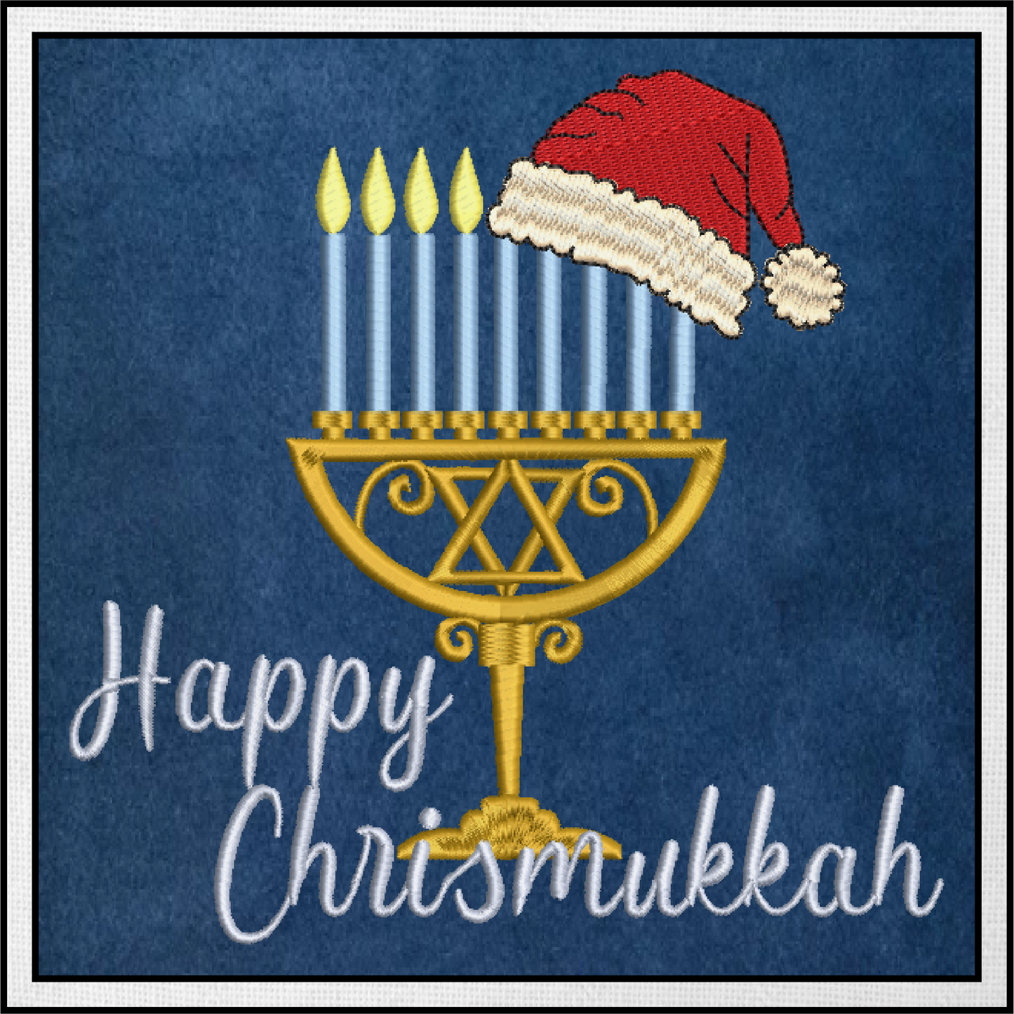 Chrismukkah Machine Embroidery Design – Menorah with Santa Cap, Jewish Christmas Hanukkah Stitch File, 8 Sizes (3325)