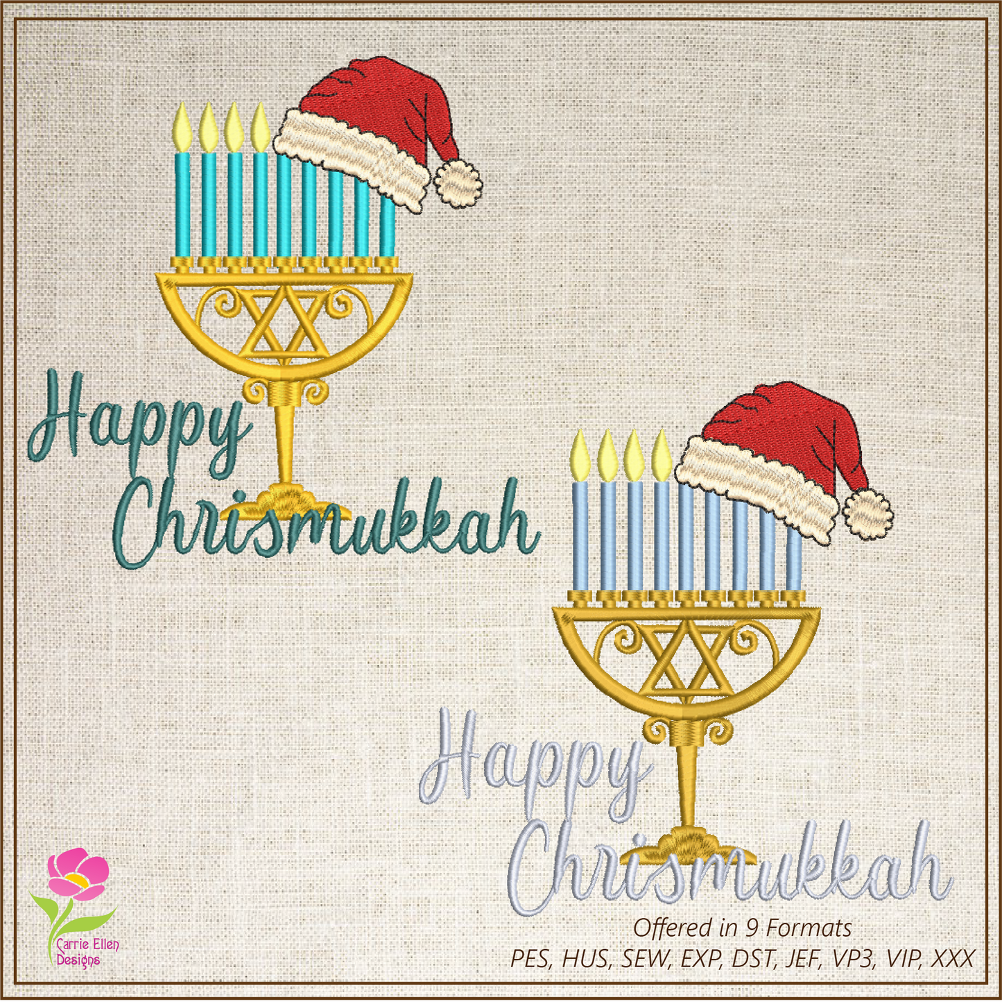 Chrismukkah Machine Embroidery Design – Menorah with Santa Cap, Jewish Christmas Hanukkah Stitch File, 8 Sizes (3325)
