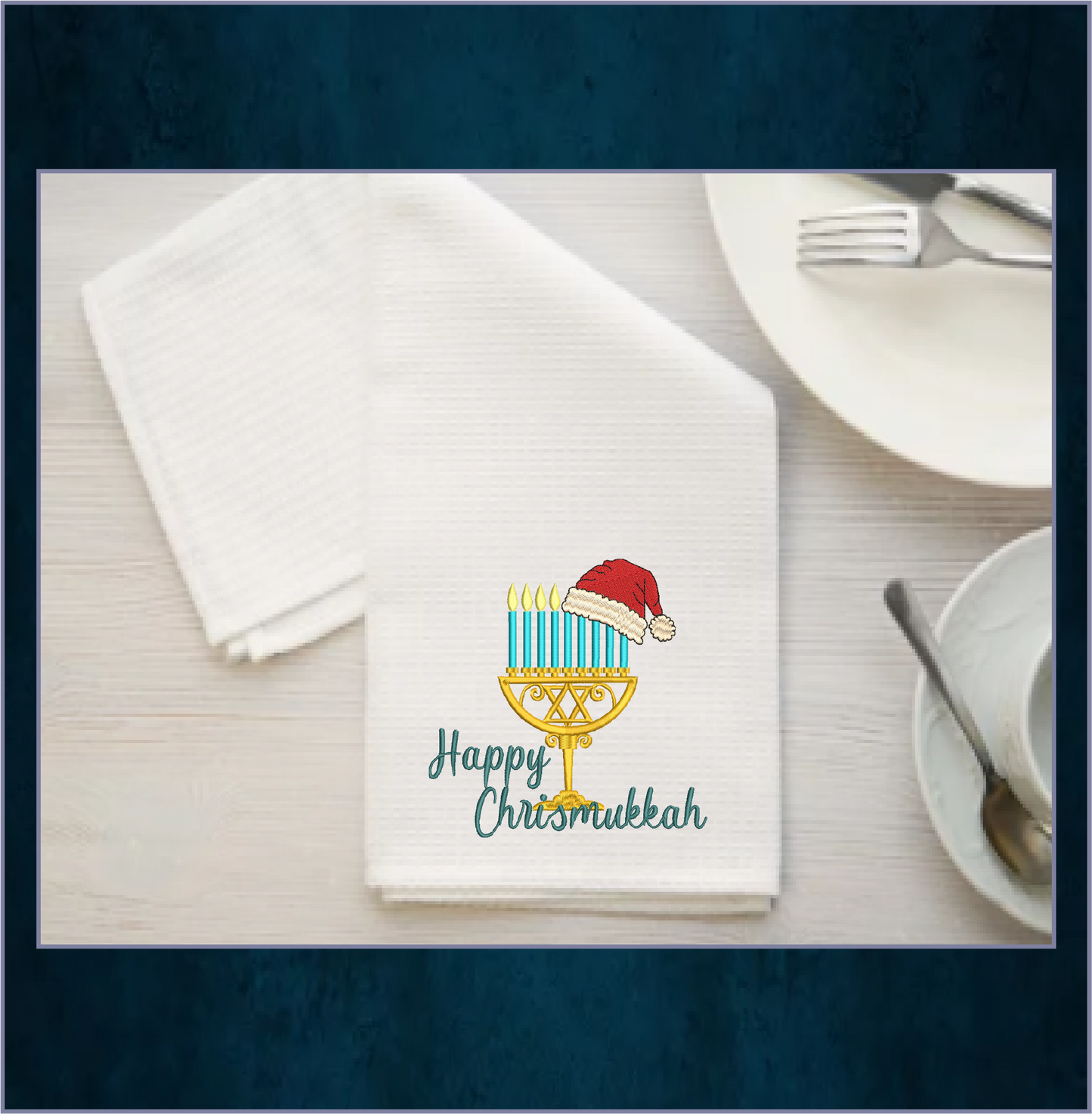 Chrismukkah Machine Embroidery Design – Menorah with Santa Cap, Jewish Christmas Hanukkah Stitch File, 8 Sizes (3325)