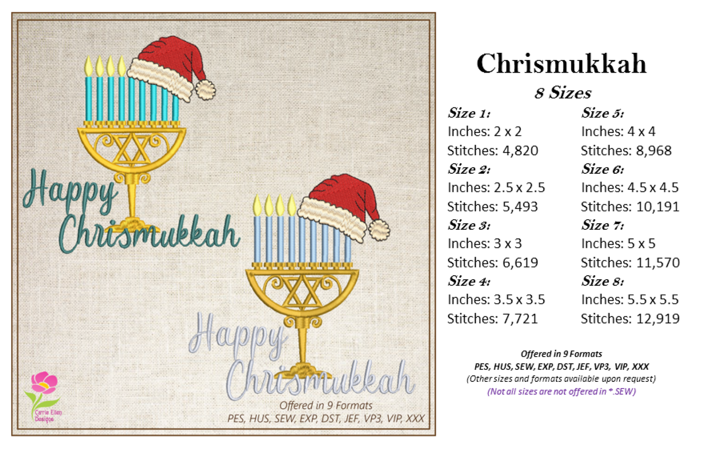 Chrismukkah Machine Embroidery Design – Menorah with Santa Cap, Jewish Christmas Hanukkah Stitch File, 8 Sizes (3325)