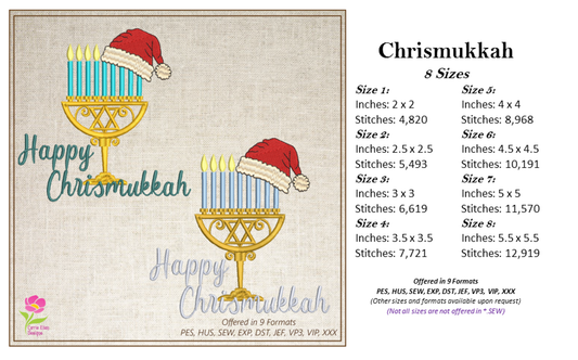 Chrismukkah Machine Embroidery Design – Menorah with Santa Cap, Jewish Christmas Hanukkah Stitch File, 8 Sizes (3325)