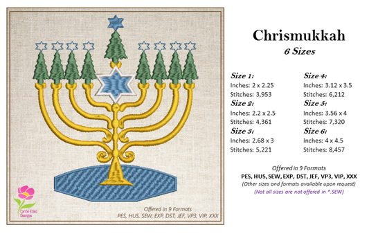 Chrismukkah Machine Embroidery Design – Menorah with Christmas Tree Candles, Jewish Christmas Stitch File, 8 Sizes (0145)