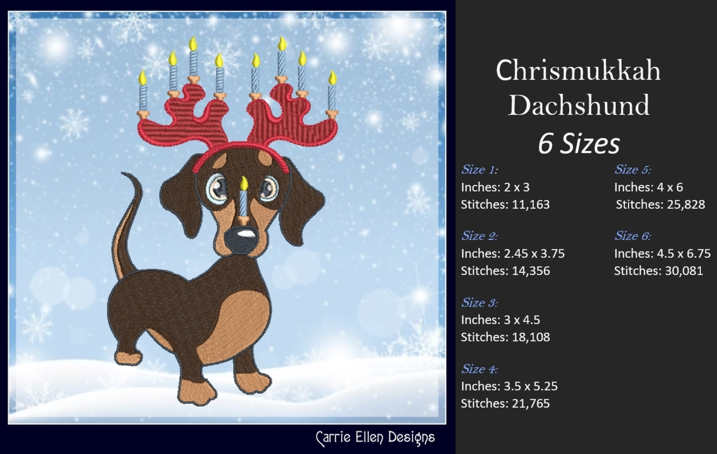 Dachshund Chrismukkah Machine Embroidery Design – Holiday Dog with Menorah Antlers Cartoon, 6 Sizes (1093)