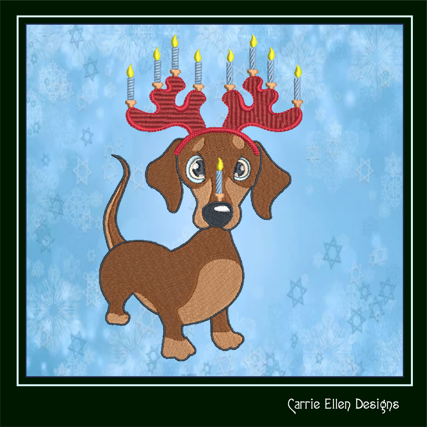 Dachshund Chrismukkah Machine Embroidery Design – Holiday Dog with Menorah Antlers Cartoon, 6 Sizes (1093)