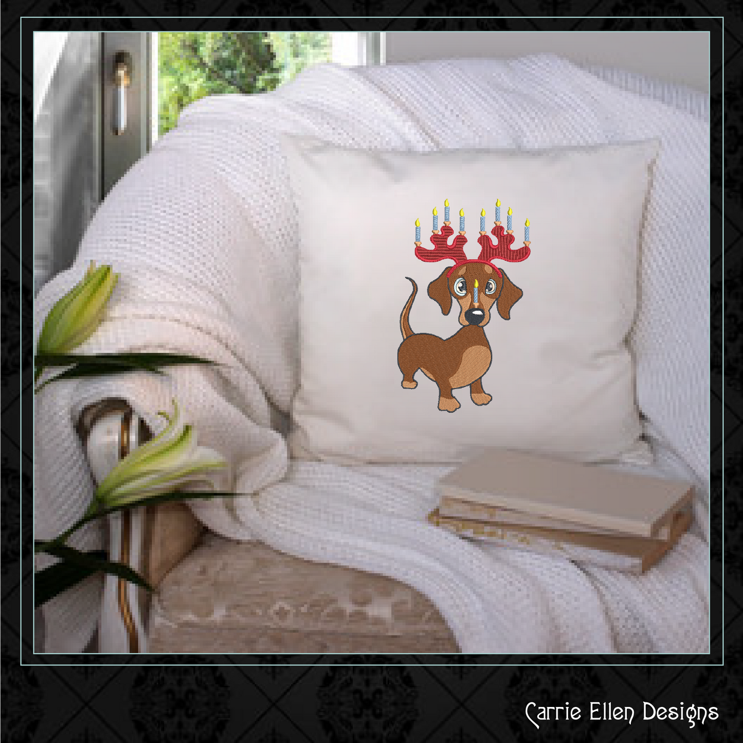 Dachshund Chrismukkah Machine Embroidery Design – Holiday Dog with Menorah Antlers Cartoon, 6 Sizes (1093)