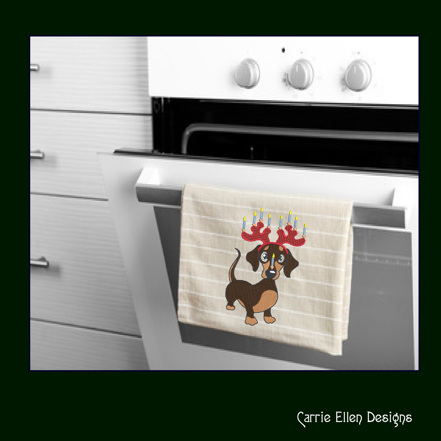 Dachshund Chrismukkah Machine Embroidery Design – Holiday Dog with Menorah Antlers Cartoon, 6 Sizes (1093)