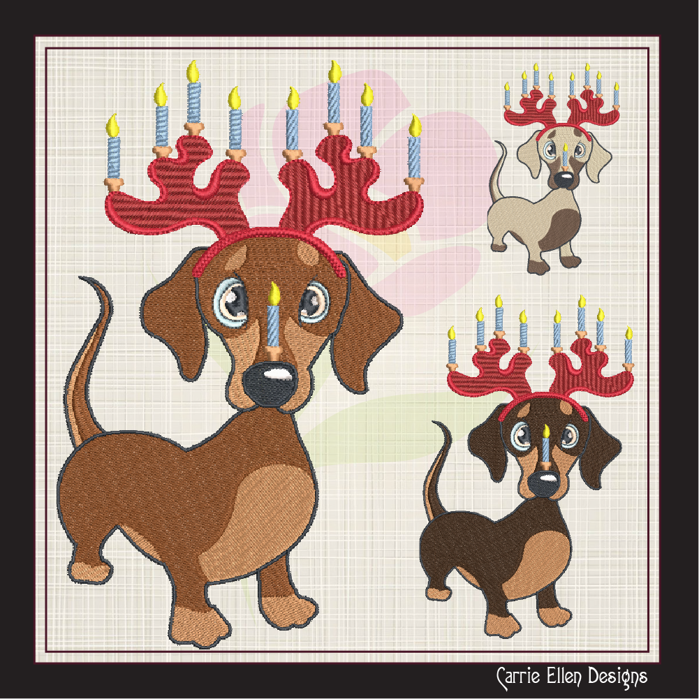Dachshund Chrismukkah Machine Embroidery Design – Holiday Dog with Menorah Antlers Cartoon, 6 Sizes (1093)
