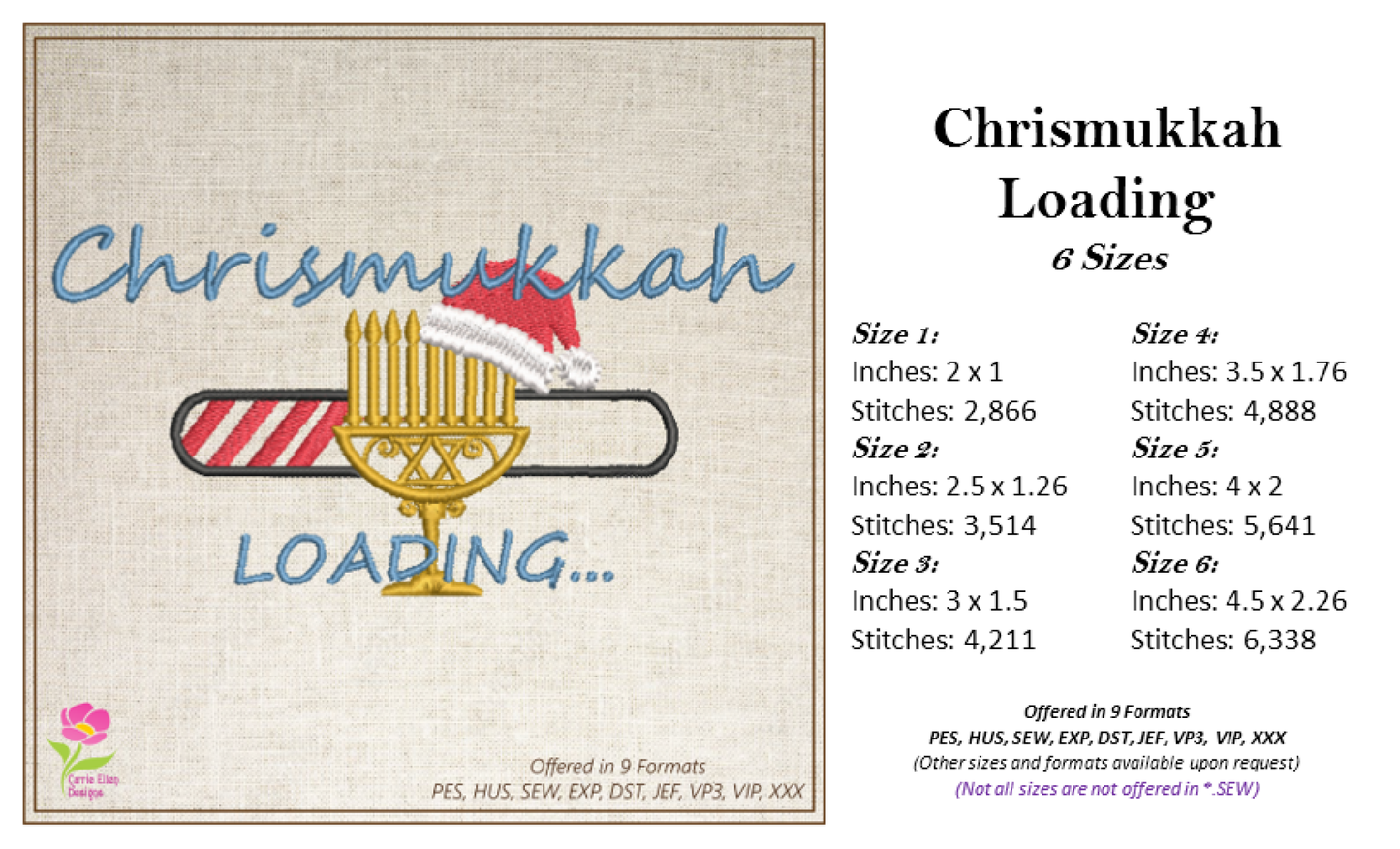 Chrismukkah Loading Santa Hat and Menorah Machine Embroidery Design – Hanukkah Christmas Holiday Design – 6 Sizes (0251)