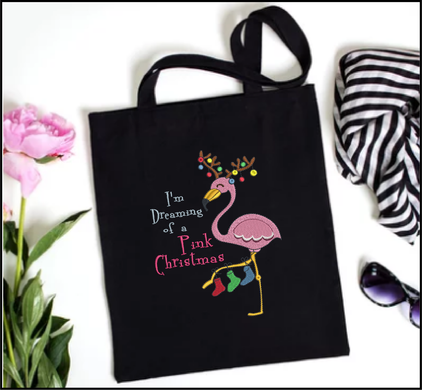 Pink Christmas Machine Embroidery Design | Flamingo Holiday Embroidery | Dreaming of a Pink Xmas | 8 Sizes (0977)