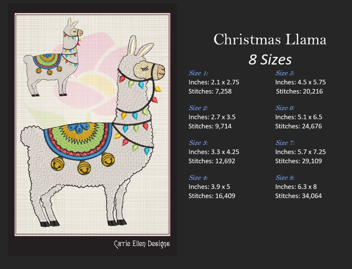 Christmas Llama with Lights and Bells Machine Embroidery Design – Festive Alpaca Holiday Pattern – 8 Sizes (1004)