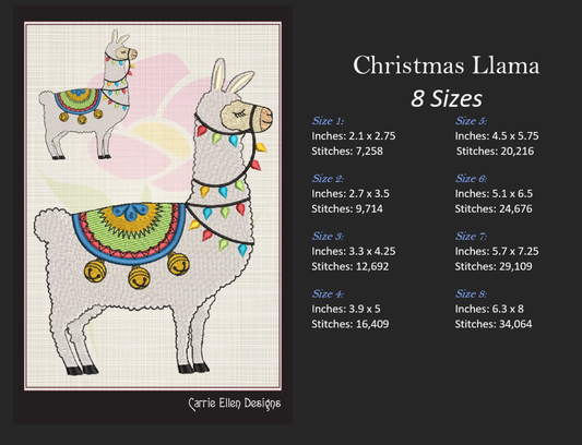 Christmas Llama with Lights and Bells Machine Embroidery Design – Festive Alpaca Holiday Pattern – 8 Sizes (1004)