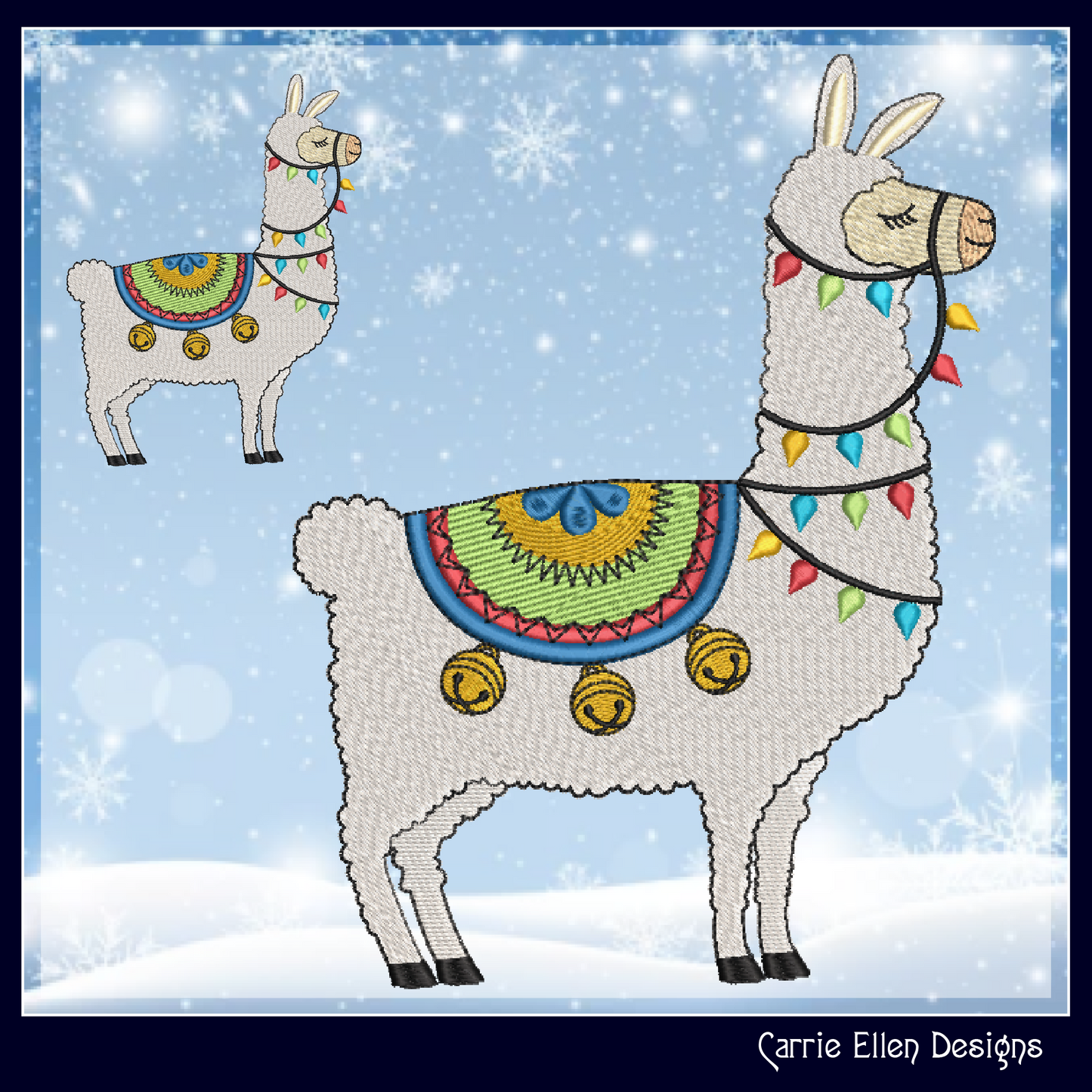 Christmas Llama with Lights and Bells Machine Embroidery Design – Festive Alpaca Holiday Pattern – 8 Sizes (1004)
