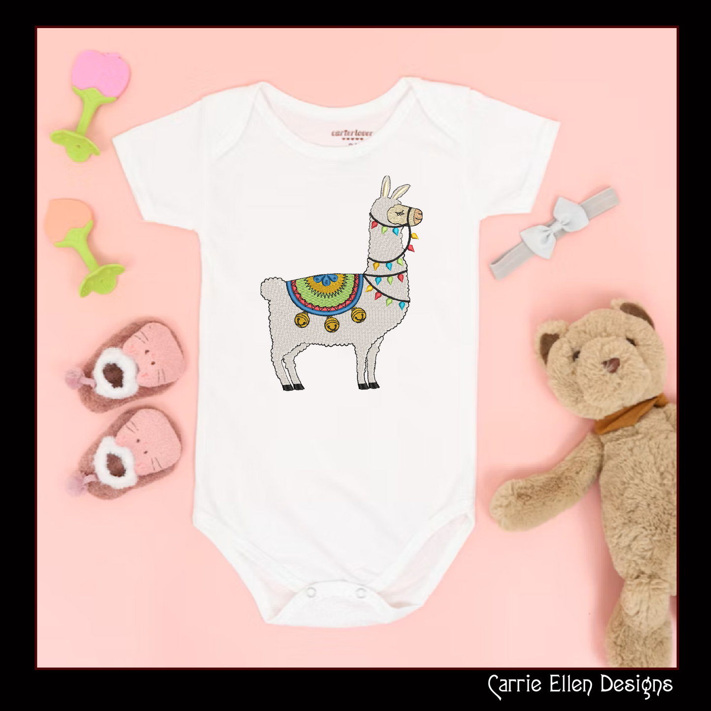 Christmas Llama with Lights and Bells Machine Embroidery Design – Festive Alpaca Holiday Pattern – 8 Sizes (1004)